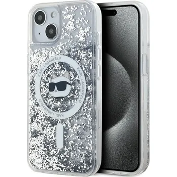Pouzdro na mobilní telefon Karl Lagerfeld Liquid Glitter MagSafe iPhone 15 Plus průhledný Choupette Head