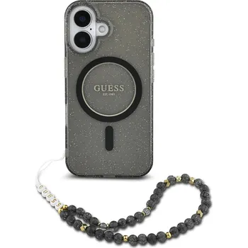 Pouzdro na mobilní telefon Guess IML Glitter s perlovým řemínkem MagSafe iPhone 16 černá