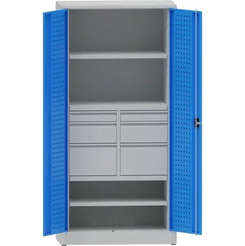 Kovová dílenská skříň perfo, 2 police, 6 zásuvek Barva dveří: modrá RAL 5012