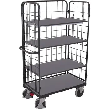 Vysoký policový vozík s madlem Variofit sw-800.304, mřížové bočnice, do 500 kg, 4 police, 182 x 139 x 82,5 cm Barva: antracit RAL7016