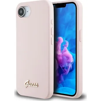 Pouzdro na mobilní telefon Guess Silicone Script Metal Logo GUHMPSE4SMBSLP iPhone 16e růžová