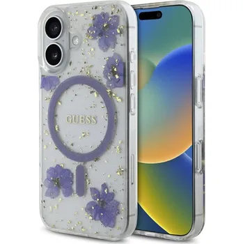 Pouzdro na mobilní telefon Guess Hardcase Resin Flowers and Glitter MagSafe iPhone 16 Fialová