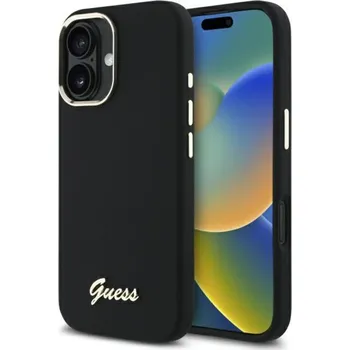 Pouzdro na mobilní telefon Guess Silicone Script Metal Logo & Frame pouzdro iPhone 16 Plus černé