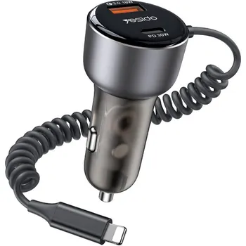 Yesido Car Charger Y57 s Lightning pružným kabelem Type-C USB-A 50W rychlé nabíjení černá