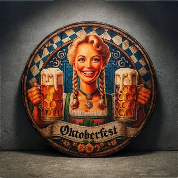 Plakát SUPERATOR Retro kulatá plechová cedule Oktoberfest – bavorská servírka s pivem, průměr 20 cm | skladem v ČR | rychlé odeslání | originální dárek pro pivaře |
