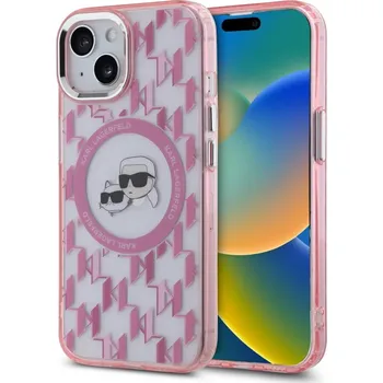 Pouzdro na mobilní telefon Karl Lagerfeld IML MagSafe iPhone 15 Růžový Monogram Karl&Choupette Head