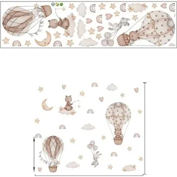 Samolepící dekorace Samolepka na zeď 98 x 81,5 cm Medvídek s králíčkem v hnědých balonech Průsvitná dětská nástěnná dekorace z matného vinylu Jemná roztomilá výzdoba pokoje