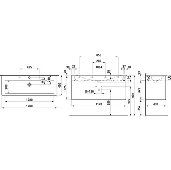 Umyvadlo LAUFEN PALACE - umyvadlo slim se skříňkou 120 cm, se 2 zásuvkami, vč. dělícího systému do zásuvek. Lze instalovat standardní nebo prostorově úsporný sifon H894250. S držákem z eloxovaného hliníku. (H860709) Barva: Bílá lesklá, Provedení: 2 otvory pro bate
