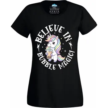 Dámské tričko Jednorožec s Bubble Tea Believe in bubble magic (Velikost: 4XL, Barva: Černá)