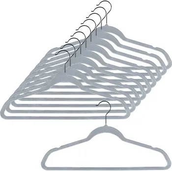 Věšák Vilde sametové protiskluzové věšáky na oblečení, šedé, otočný háček, 45 × 24,5 cm, 10 ks