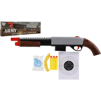 Dětská zbraň Teddies Brokovnice na kuličky 46cm plast + vodní kuličky 6mm,pěnové náboje, gumové kul. v krabici 49x14x4cm