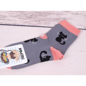české dětské ponožky TREPON MÍNA šedé s lososovou s kočičkami velikosti ponožek: 19-21 ( EUR vel. 29-32)