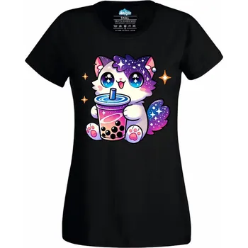 Dámské tričko Dámské tričko Vesmírná Kočka s Bubble Tea (Velikost: XXL, Barva: Černá)