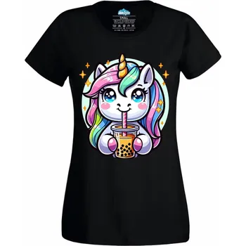 Dámské tričko Jednorožec s Bubble Tea (Velikost: 4XL, Barva: Černá)