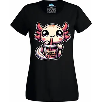 Dámské tričko Roztomilý Axolotl s Bubble Tea (Velikost: 4XL, Barva: Černá)