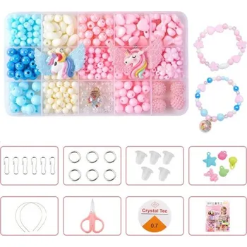 Sada akrylových korálků 15 druhů Barevné korálky s jednorožci a příslušenstvím Tvoření dětských náramků a náhrdelníků Různé tvary a velikosti
