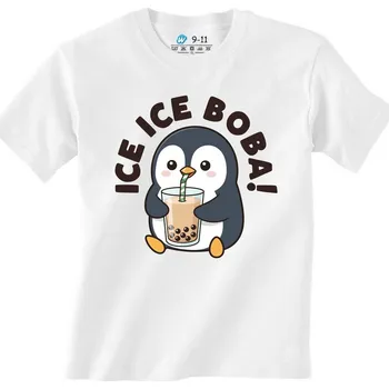 Chlapecké tričko Dětské tričko Tučňák s Bubble Tea Ice Ice Boba! BOBA (Velikost: 9-11, Barva: Bílá)