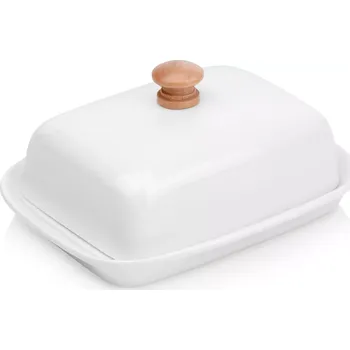 Máslenka Keramická bílá máslenka s dřevěným úchytem