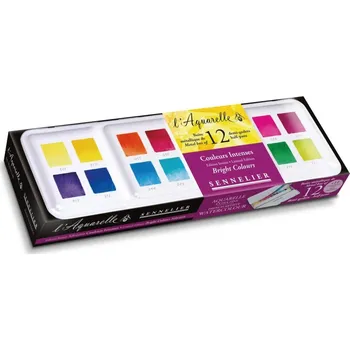 Speciální výtvarná barva Sennelier sada akvarelových barev v plech. krabičce, 12 půlpánviček, intenzivní odstíny
