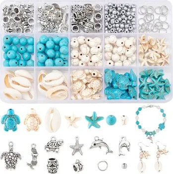 Sada korálků z polymerové hmoty Mořské motivy kulaté korálky mušličky hvězdice želvičky delfíni Kreativní výroba náramků náhrdelníků přívěsků