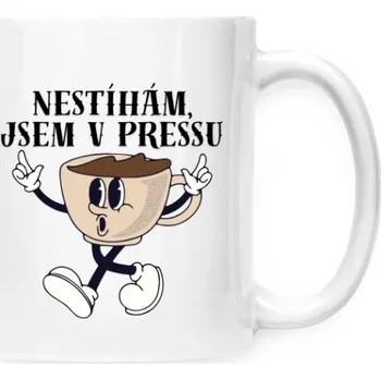 Hrnek malý bílý s potiskem Nestíhám , jsem v Pressu káva