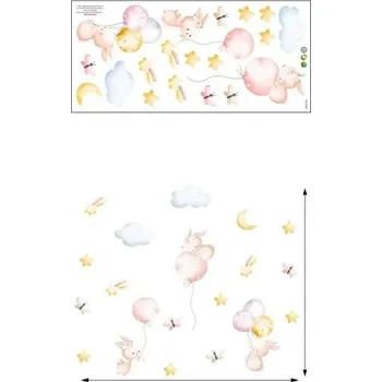 Samolepící dekorace Samolepka na zeď 77 x 77 cm Králíčci s balonky Průsvitná dětská nástěnná dekorace z matného vinylu Jemná roztomilá výzdoba pokoje