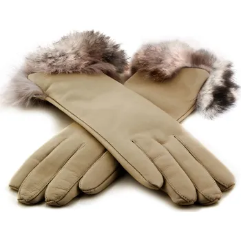 Rukavice BOHEMIA GLOVES Luxusní dámské rukavice s kašmírem a králičí kožešinou Barva: Písková, Velikost: 7,5, Kožešina: Gepard