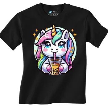 Dívčí tričko Dětské tričko Jednorožec s Bubble Tea (Barva: Černá)