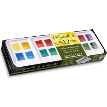 Speciální výtvarná barva Sennelier sada akvarelových barev v plech. krabičce, 12 půlpánviček, granulující