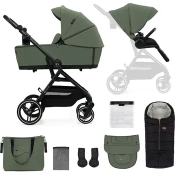 Kočárek KINDERKRAFT SELECT Kočárek kombinovaný Yoxi 2v1 Mystic Green + Fusak3v1 Jibot Horizontal Ink Black