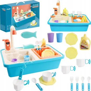 Dětská kuchyňka DĚTSKÝ DŘEZ DŘEZ S KOHOUTKEM NA VODU, NÁDOBÍM, PŘÍBORY A DOPLŇKY - SADA