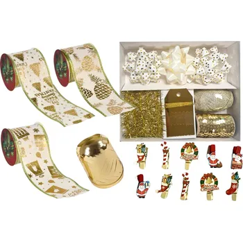Stuha John King Set pro originální balení vánočních dárků - zlaté dekorace, stuhy, visačky a vánoční kolíčky (komple