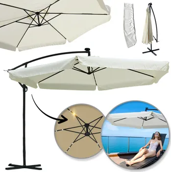 Slunečník Flamenco Mystique Zahradní deštník 3,5m s SOLAR LED osvětlením, paží a volánem - krémový OGP11K