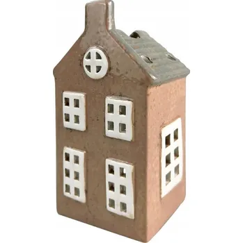 Svícen KERAMICKÝ DOMEČEK LAMPION SVÍCEN NA ČAJOVOU SVÍČKU VÁNOČNÍ DEKORACE 15,8 CM BÉŽOVÁ