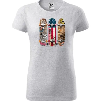 Dámské tričko levne-damske-bavlnene-tricko-potisk-skateboard Velikost dámská trička Basic: XXL šířka 59, délka 69, Odstín dámské tričko Basic: Světle šedý melír