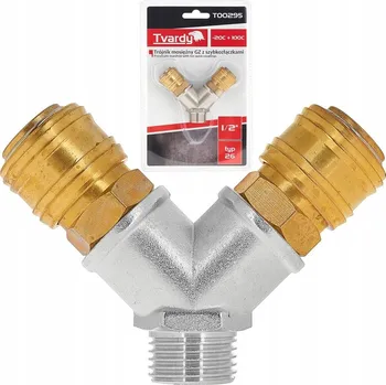 Příslušenství ke kompresoru MOSAZNÝ T-ROZDĚLOVAČ PNEUMATICKÝ KE KOMPRESORU GZ 1/2” S RYCHLOSPOJKAMI TVARDY