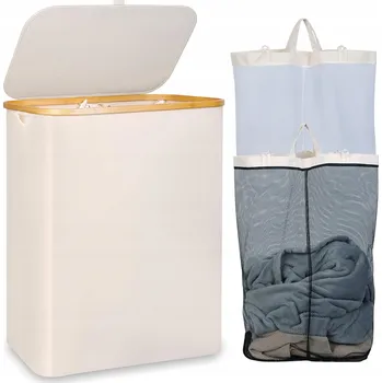 Koš na prádlo Iegrow 150l XL 2dílný koš na prádlo s bambusovou rukojetí a víkem