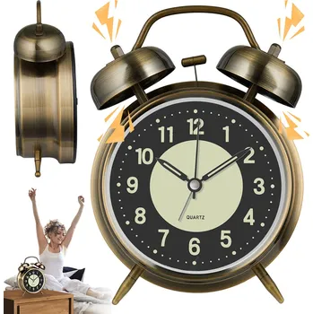 Budík ELEGANTNÍ ANALOGOVÝ BUDÍK KOVOVÝ S PODSVÍCENÍM TICHÝ SE DVĚMA ZVONKY