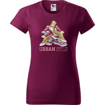 Dámské tričko levne-damske-bavlnene-tricko-potisk-tenisky-urban-style Velikost dámská trička Basic: M šířka 47, délka 63, Odstín dámské tričko Basic: Vínové