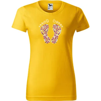 Dámské tričko levne-damske-bavlnene-tricko-potisk-stopy-tenisek Velikost dámská trička Basic: M šířka 47, délka 63, Odstín dámské tričko Basic: Žluté