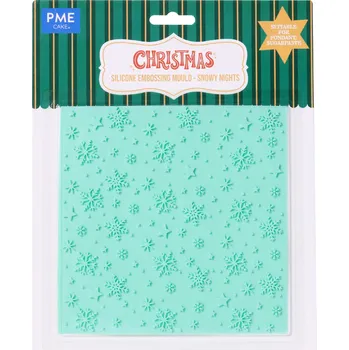 Jedlá dekorace na dort PME vánoční embosovací silikonová podložka Snowy Nights – sněhové vločky 160 × 160 mm