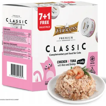 Krmivo pro kočku Princess 70g 100% Masa Kuřecí Tuňák Krevety mokré krmivo pro kočky 7+1
