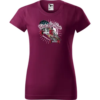 Dámské tričko levne-damske-bavlnene-tricko-potisk-Skate-style Velikost dámská trička Basic: XS šířka 39, délka 57, Odstín dámské tričko Basic: Vínové