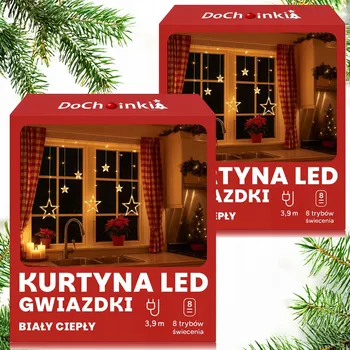 Vánoce 2 x SVĚTELNÝ ZÁVĚS LED HVĚZDIČKY 2,7m TEPLÁ BÍLÁ SVĚTLA HVĚZDY NA OKNO
