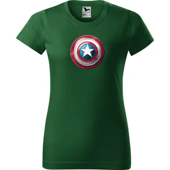 Dámské tričko levne-damske-bavlnene-tricko-potisk-stit-kapitan-Amerika Velikost dámská trička Basic: XL šířka 56, délka 67, Odstín dámské tričko Basic: Lahvové