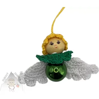 Vánoční dekorace Dubový skřítek Andělíček z baňky – jemná ruční dekorace na vánoční stromeček zelený