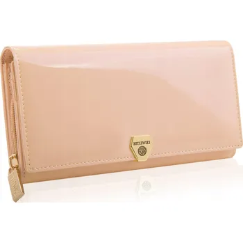 Peněženka Peněženka Betlewski z přírodní kůže, pudrově růžová, velká, se zapínáním na patentku, 10 přihrádek