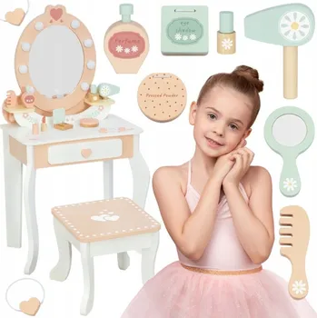Zrcadlo TOOKY TOY Dřevěný Toaletní Stolek se Židličkou a Příslušenstvím, Zrcadlo s Osvětlením
