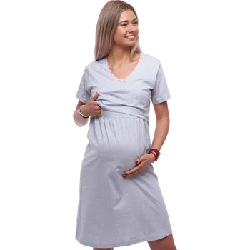 Dámská noční košile Kojící noční košile, těhotenská, šedé proužky s růžovými srdíčky 1C4033 šedá M