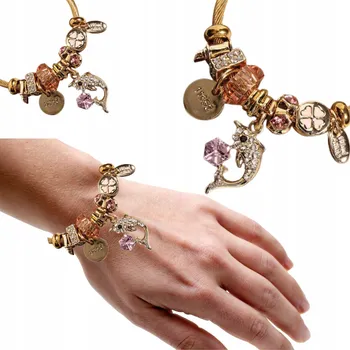 Náramek DÁMSKÝ ZLATÝ NÁRAMEK OTEVÍRACÍ TUHÝ DELFÍN S PŘÍVĚSKY